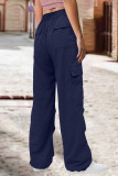 Tiefblaue Street-Solid-Patchwork-Tasche mit Kordelzug, gerade, niedrige Taille, gerade, einfarbige Hose