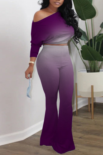 Purple Casual Gradual Change Print Patchwork Oblique Collar Long Sleeve Two Pieces