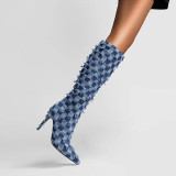 Ковбойские синие повседневные туфли в стиле пэчворк с острым носом (высота каблука 3.94 дюйма)