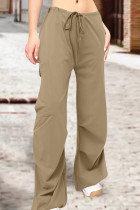 Khakifarbene Street Solid Patchwork-Tasche mit Kordelzug, gerade, gerade, einfarbige Hose mit hoher Taille