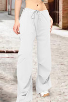 Белый Уличный однотонный пэчворк с карманами на шнурке Прямые однотонные брюки с высокой талией
