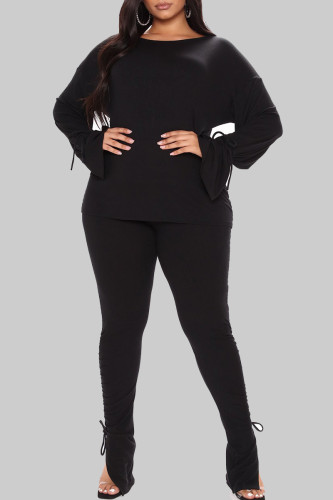 Black Casual Solid Patchwork Draw String Slit O Neck Long Sleeve Two Pieces