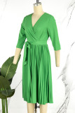 Grön Elegant Solid Bandage Patchwork Dragkedja veckade V-hals veckade klänningar