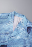 Vestidos de manga comprida com estampa casual azul escavada em patchwork com gola aberta