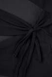 Zwart sexy casual effen patchwork doorzichtige O-hals lange mouw twee stukken