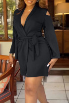 ブラック カジュアル ソリッド リッピング包帯パッチワーク V ネック スーツ ドレス ドレス