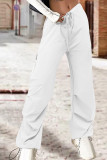 Dunkelblaue Street-Solid-Patchwork-Tasche mit Kordelzug, gerade, gerade, einfarbige Hose mit hoher Taille