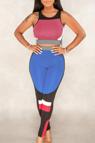 Red Sportswear Print Patchwork Contrast Spaghetti Strap Sleeveless Two Pieces