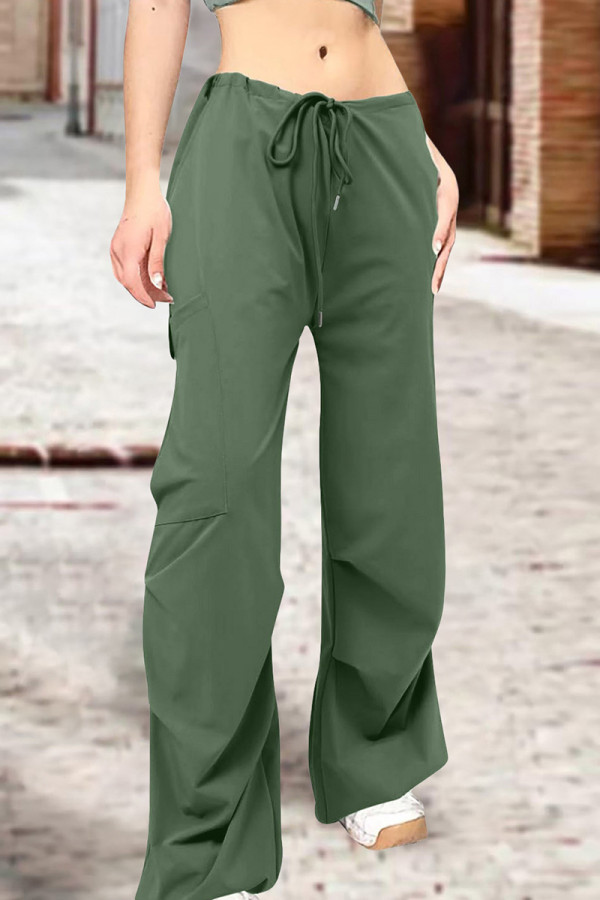 Luz verde rua sólido retalhos draw string bolso em linha reta cintura alta reta cor sólida bottoms