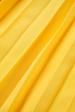 Amarelo elegante sólido bandagem patchwork zíper plissado vestidos plissados ​​com decote em V