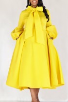 Желтые повседневные однотонные платья с воротником-половиной и длинным рукавом с бантом