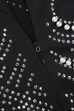 Black Elegant Solid Patchwork Backless High Opening Hot Drill O Neck Long Sleeve Dresses