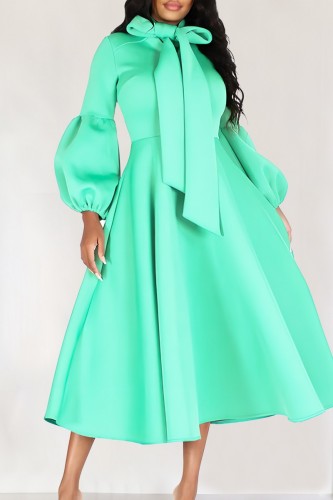 Light Green Casual Solid With Bow Half A Turtleneck Long Sleeve Dresses