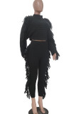Black Street Solid Tassel Patchwork O Neck Long Sleeve Two Pieces