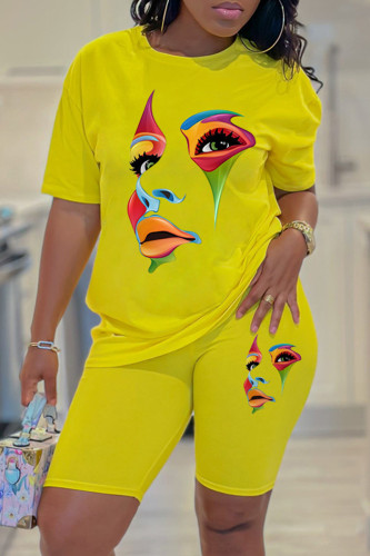 Yellow Casual Print Basic O Neck Short Sleeve Two Pieces