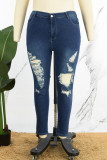Темно-синие повседневные однотонные рваные джинсы больших размеров