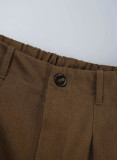 Braune, lässige, solide Patchwork-Hosen mit hoher Taille, gerade, einfarbige Unterteile