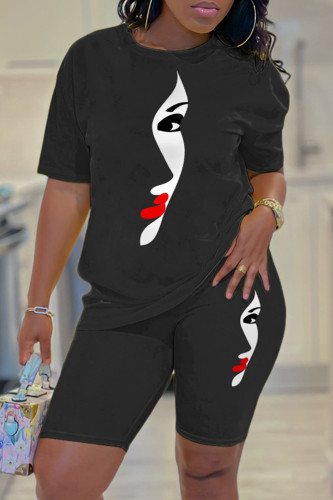 Black White Red Casual Print Basic O Neck Short Sleeve Two Pieces
