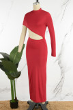 Red Sexy Hollowed Out Half A Turtleneck Long Sleeve Dresses