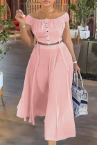 Pink Elegant Solid Patchwork Draw String Buckle Off the Shoulder Short Sleeve Two Pieces Crop Tops And Skirts Sets