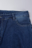 Темно-синие повседневные однотонные рваные джинсы больших размеров