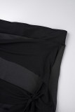 Schwarzes, sexy, lässiges, solides, durchsichtiges Patchwork-Zweiteiler mit O-Ausschnitt und langen Ärmeln