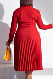 Красные повседневные однотонные лоскутные плиссированные платья с рубашечным воротником и длинными рукавами