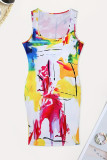 Многоцветное повседневное платье с жилетом и U-образным вырезом без позиционирования с принтом Платья больших размеров