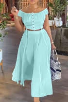 Blue Elegant Solid Patchwork Draw String Buckle Off the Shoulder Short Sleeve Two Pieces Crop Tops And Skirts Sets