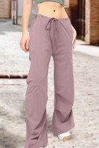 Rosa rua sólida retalhos draw string bolso em linha reta cintura alta reta cor sólida bottoms