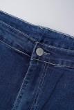 Diepblauwe casual effen gescheurde grote maat jeans
