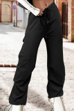 Zwarte straat effen patchwork trekkoord zak recht hoge taille rechte effen kleur broek