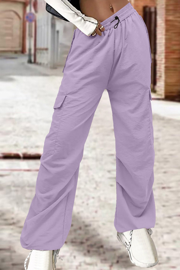 Светло-Пурпурный Уличный Однотонный Пэчворк Карман на завязке Прямые однотонные брюки с заниженной талией