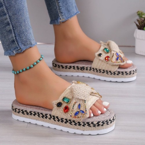 Apricot Casual Patchwork Rhinestone Round Comfortable Shoes