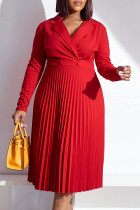 Red Casual Solid Patchwork Pleated Shirt Collar Long Sleeve Dresses