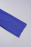 Azul elegante sólido bandagem patchwork zíper plissado decote em v vestidos plissados