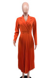 Tangerine Red Casual Solid Patchwork Pleated Shirt Collar Long Sleeve Dresses