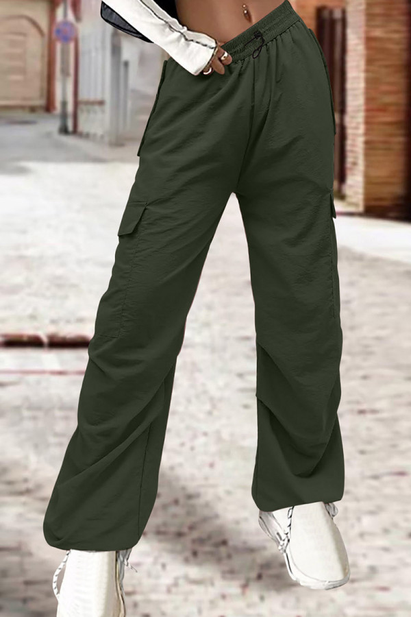 Army Green Street Solid Patchwork Kordelzugtasche, gerade, niedrige Taille, gerade, einfarbige Hose