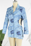 Blue Casual Print Hollowed Out Patchwork Turndown Collar Long Sleeve Dresses