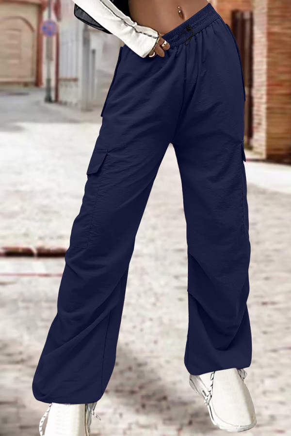 Темно-синий Уличный однотонный пэчворк с карманами на шнурке Прямые однотонные брюки с заниженной талией