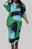 Turquoise Sexy Street Print Patchwork V Neck Pencil Skirt Dresses