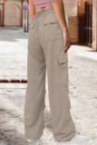 Khaki Street Solid Patchwork Draw String Pocket Straight Low Waist Straight Solid Color Bottoms