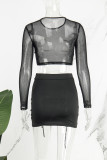 Black Sexy Casual Solid Patchwork See-through O Neck Long Sleeve Two Pieces