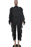 Black Street Solid Tassel Patchwork O Neck Long Sleeve Two Pieces