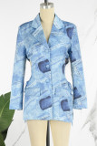 Blauwe casual print uitgeholde patchwork jurken met kraag en lange mouwen