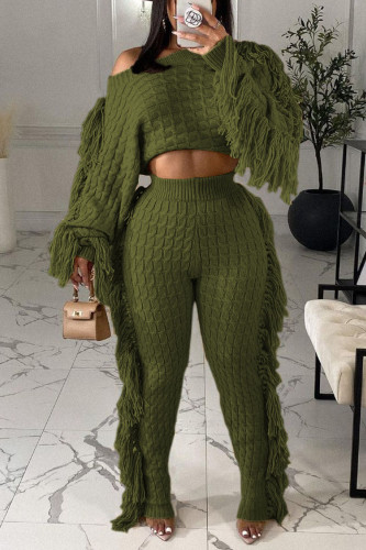 Army Green Street Solid Tassel Patchwork O Neck Long Sleeve Two Pieces