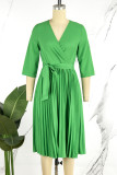Verde elegante sólido bandagem patchwork zíper plissado vestidos plissados ​​com decote em V