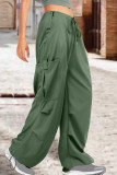 Army Green Street Solid Patchwork Kordelzugtasche, gerade, gerade, einfarbige Hose mit hoher Taille