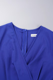 Azul elegante sólido bandagem patchwork zíper plissado decote em v vestidos plissados