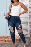 Djupblå Casual Solid Ripped Plus Size Jeans